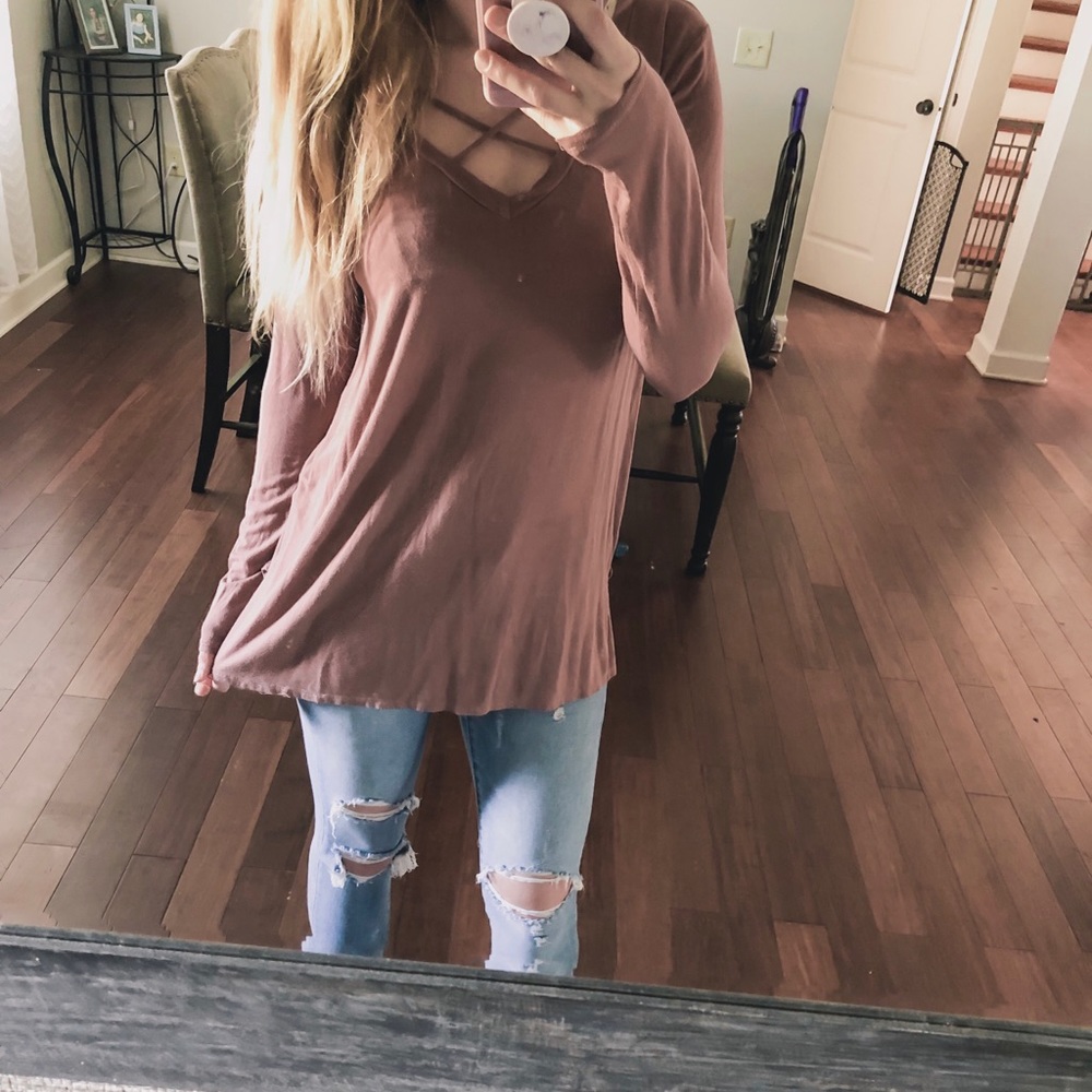 Bamboo Criss Cross V-Neck Top MAUVE